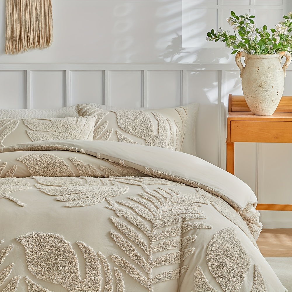 3D Leaf Pattern Duvet Cover Set 2/3pcs Set - High-Quality Tufted Craft, Distressed Style Washable Bedding, Soft Breathable Khaki Bedroom Decor, Multi-Size Available, All-Season Bedding