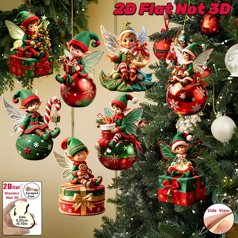 2D Flat, 8pcs Cute Wooden Ornaments Set - 2D Flat Back Christmas Tree Toppers And Collectible Hangings, Durable Wood Material, Suitable for Indoor/Outdoor Christmas Trees Or Shelf Displays