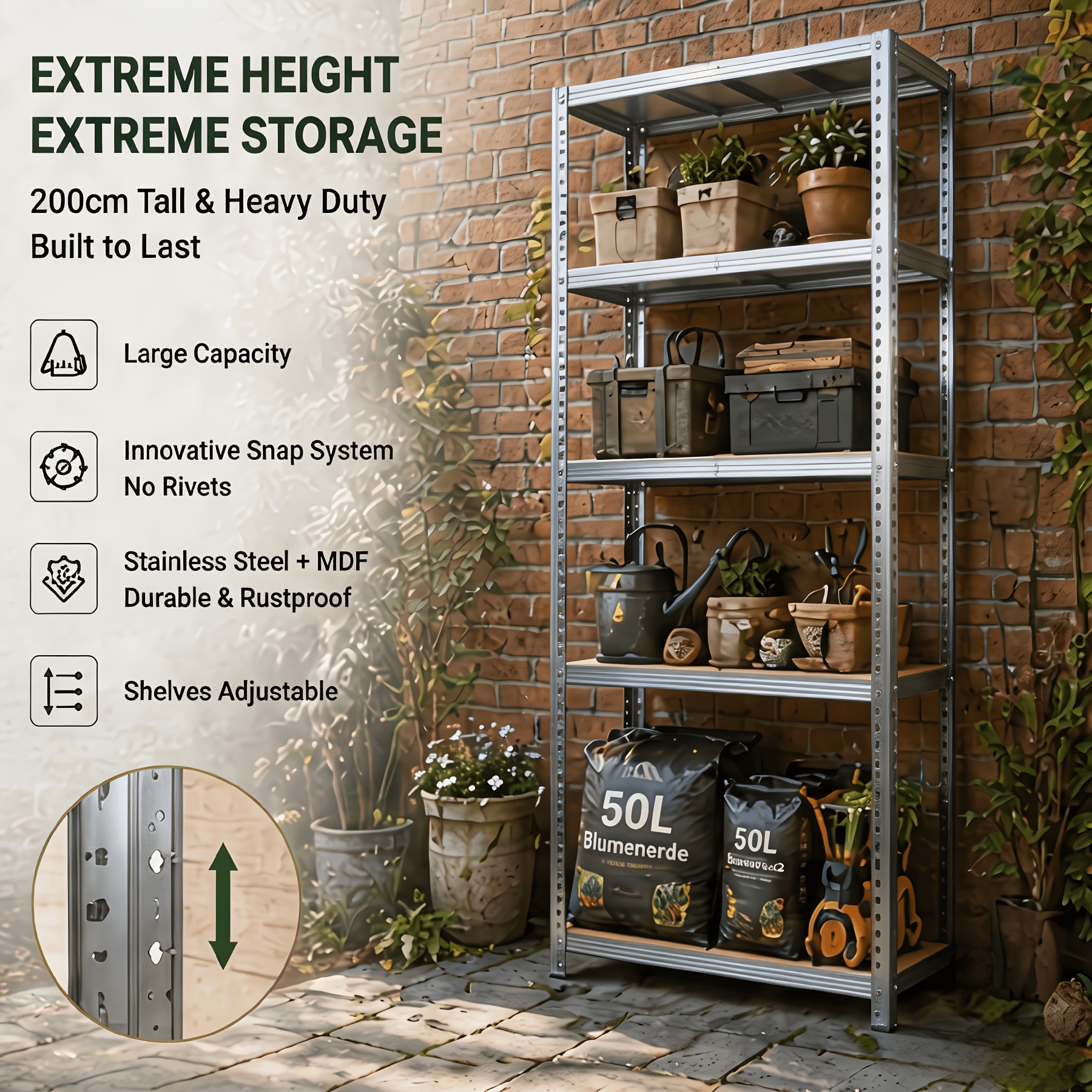 TEMU Étagère de rangement robuste à 5 niveaux de 200 cm, unité d'étagères en métal pour extérieur, jardin, terrasse, patio, organisateur de