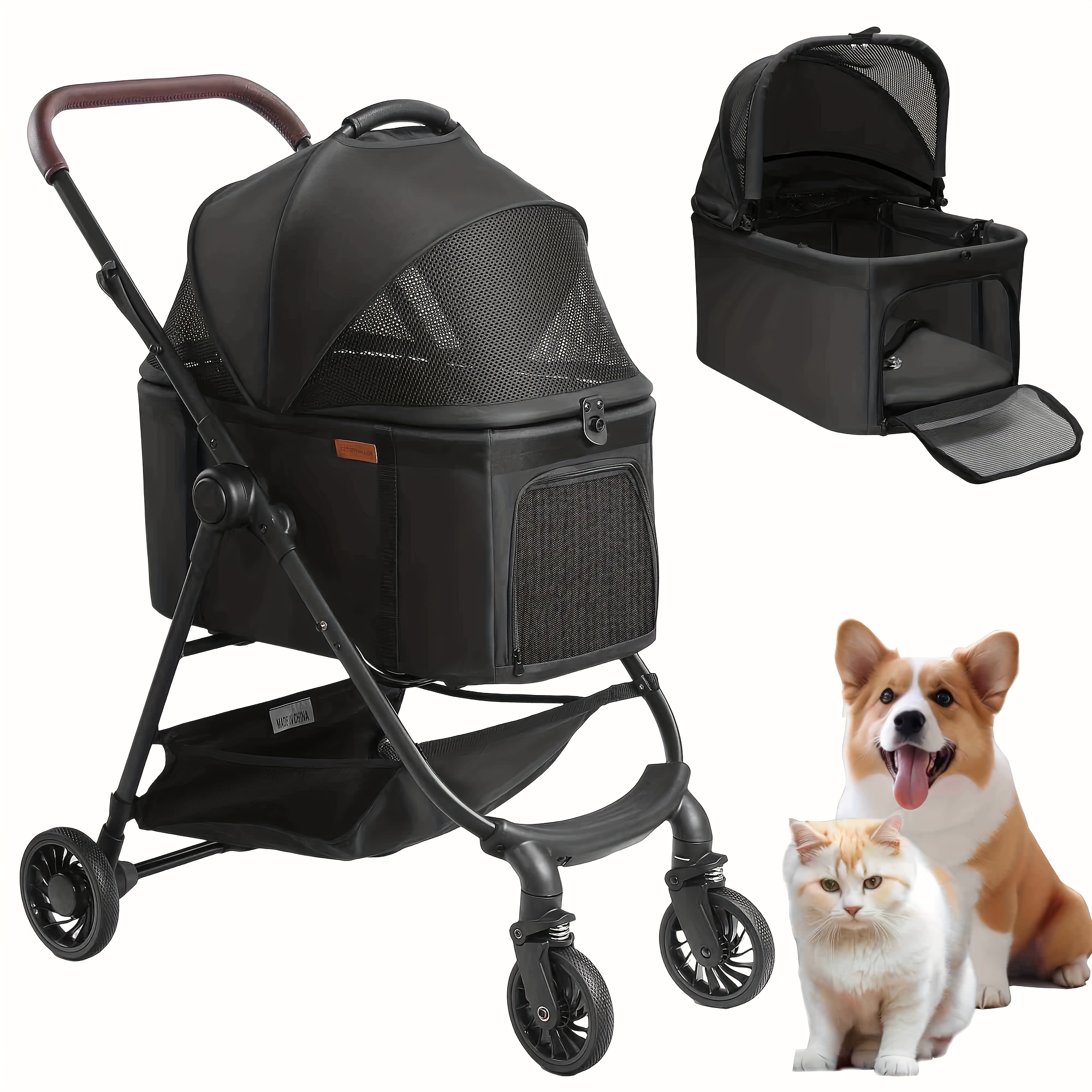 foldable doggy stroller for medium large dogs, pet stroller with storage,  with shock absorption, mesh window, safety leash, big dog walking stroller,  red - pet supplies - Temu