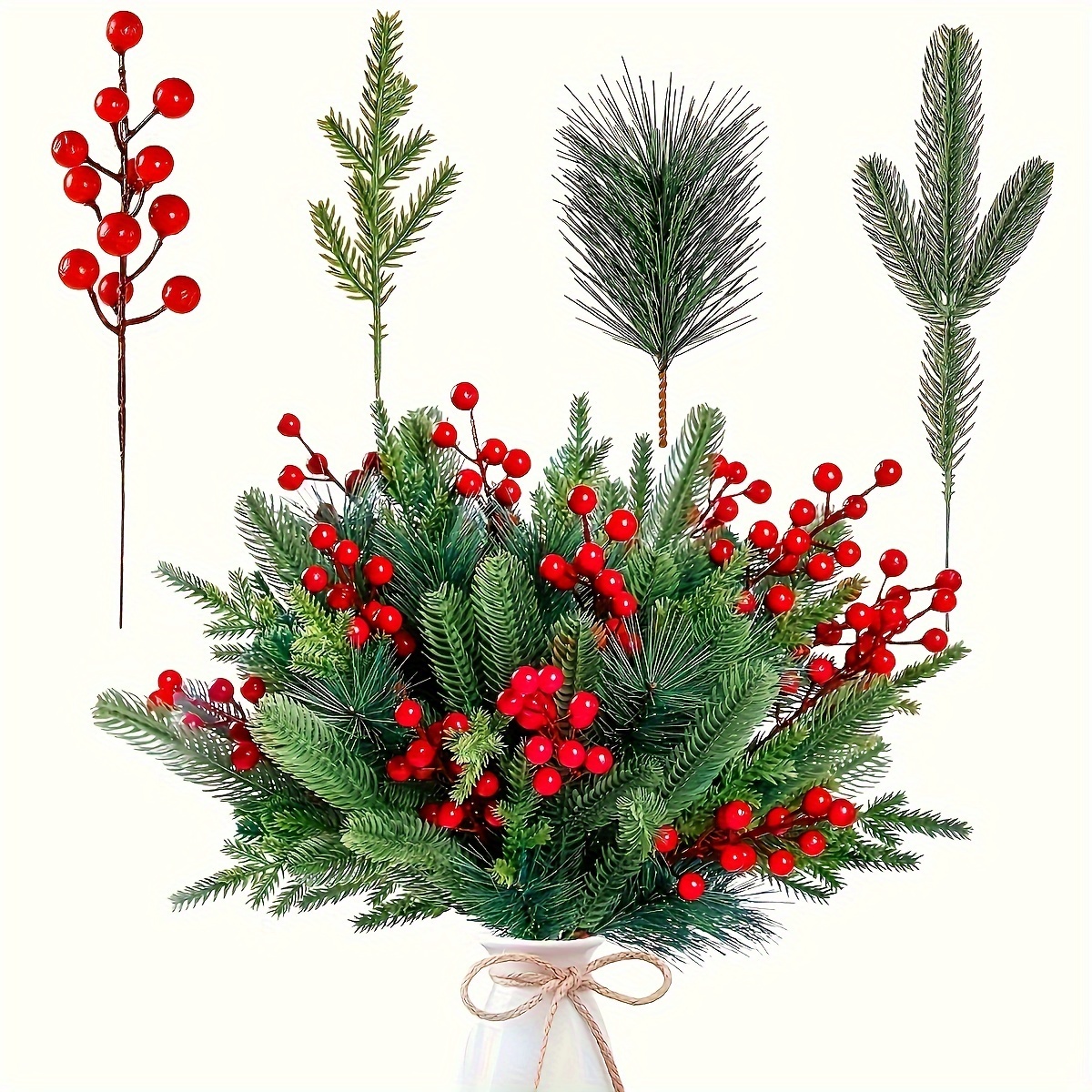 

60pcs Lifelike Faux Pine Branches With Red Berries, Plastic Artificial Christmas Decorations, Diy Garlands & Floral Arrangements, Home Holiday Decor, No Vase Included