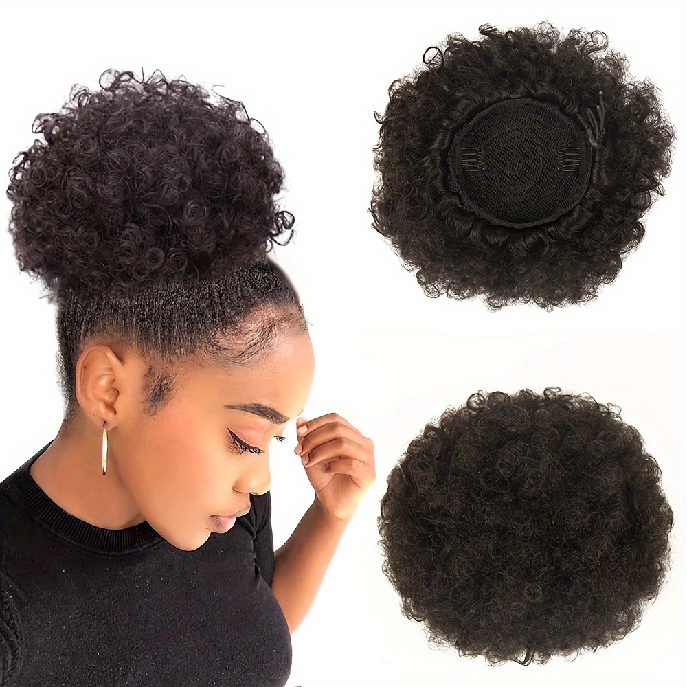 

Afro Puff Drawstring Ponytail Extensions For Women, 6-inch Short Synthetic Hair, 50g, Fluffy Updo Hairpieces In Black/brown Shades, Basic Style Bun