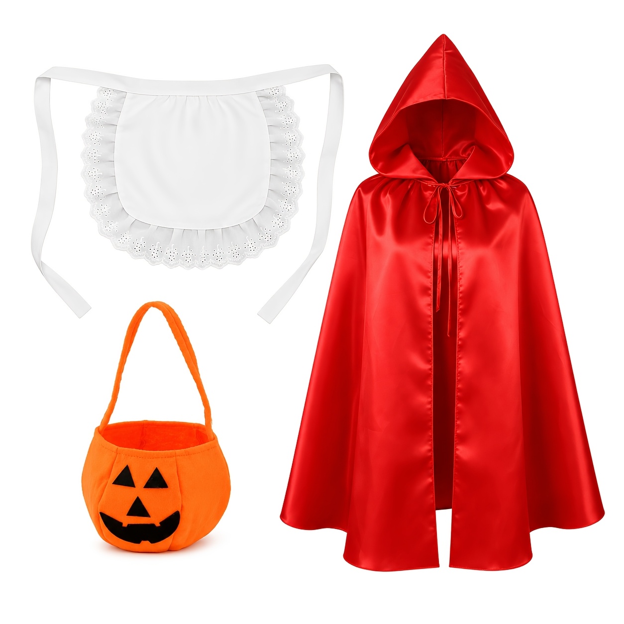 TEMU Set Costume da Halloween 3 pezzi con Mantello , Cappuccio con Mantello e Grembiule in Pizzo e Borsa per Zucca e Dolcetti, per Giochi di Ruolo,