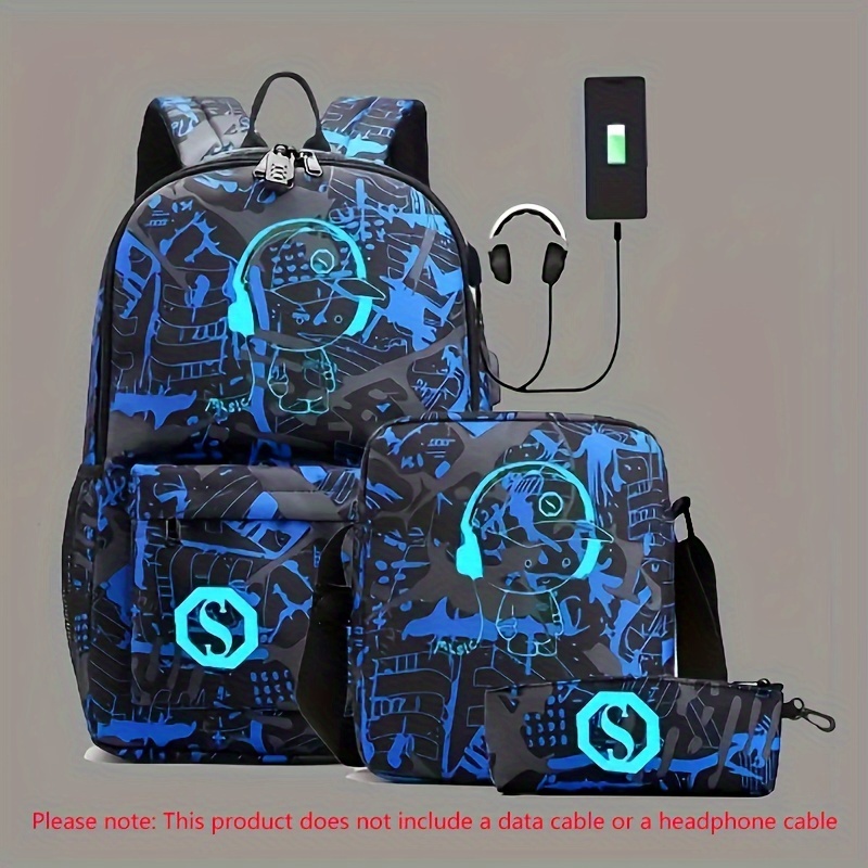 

Luminous 3pcs/set Backpack For Men, Cartoon Backpack With Usb Charging Port, Large Capacity Sling Bag And Pencil Bag