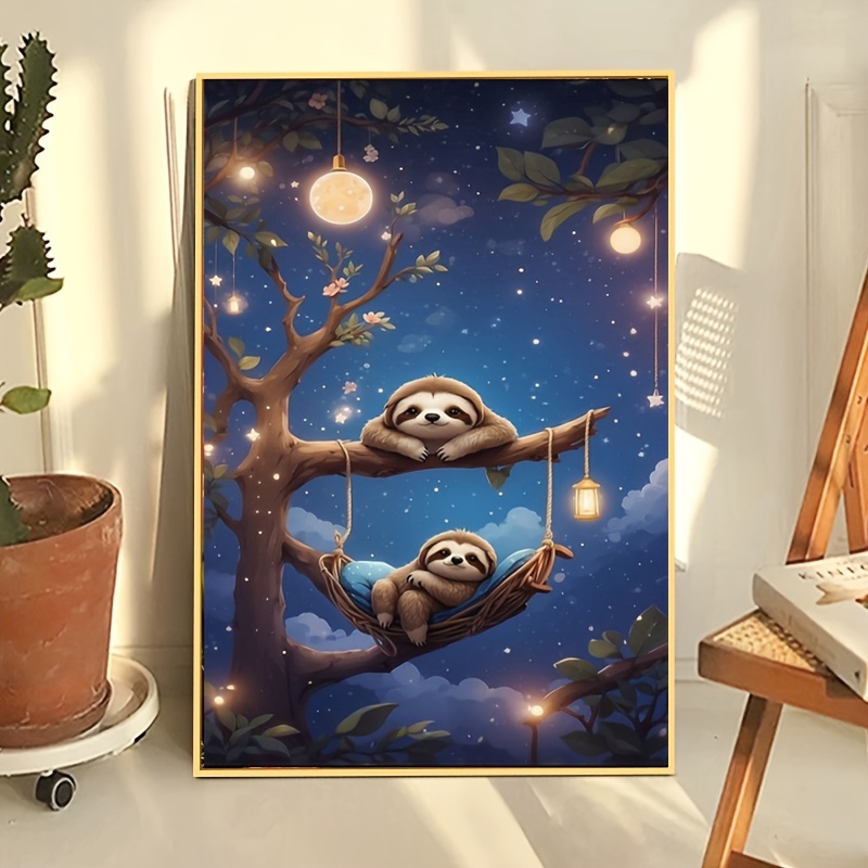 

5d Sloths Under Starry Night Painting Kit - Cartoon Theme Acrylic Round Diamond Mosaic Art Embroidery Craft Set