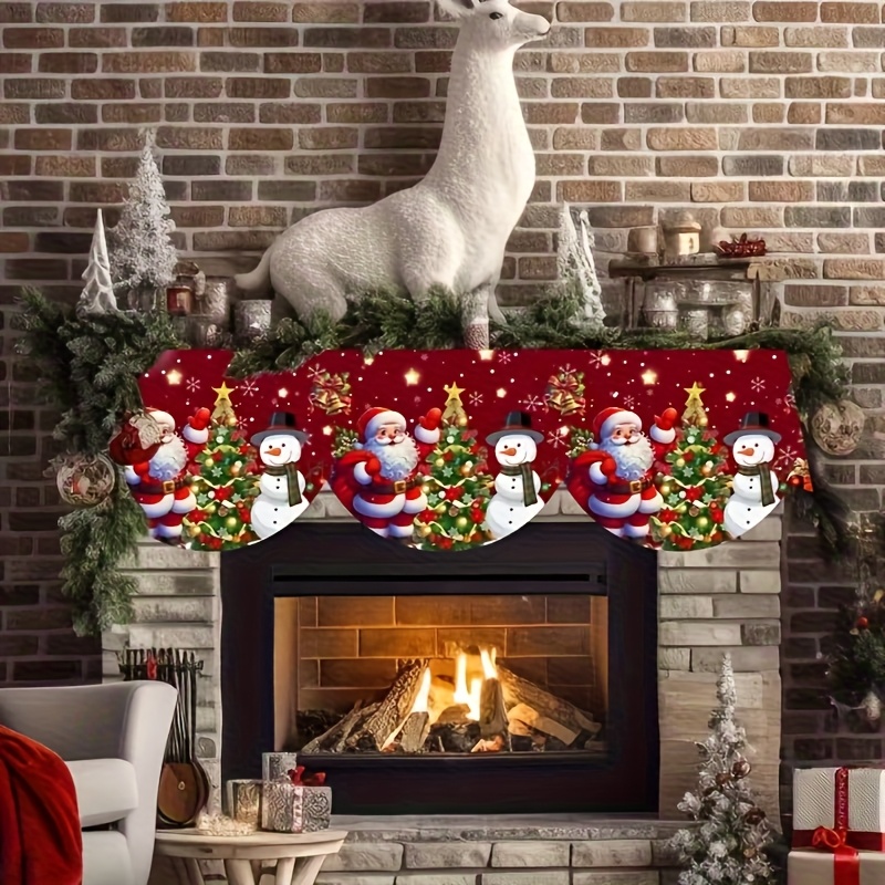 TEMU 1pc 1pcs Extra-long Christmas Fireplace Cover & Tablecloth Banner With Santa Claus Suitable For Fireplace Mantel, Table Decorations - Red/green