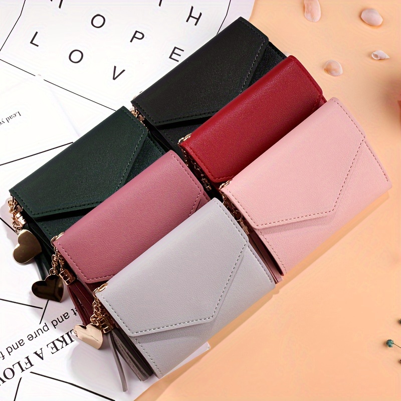 

Fashion Clutch Wallet For Women With Tassel Pendant, Multi-card Slots, Foldable Design, Solid Color Leather Handbag With Closure, Hand Washable