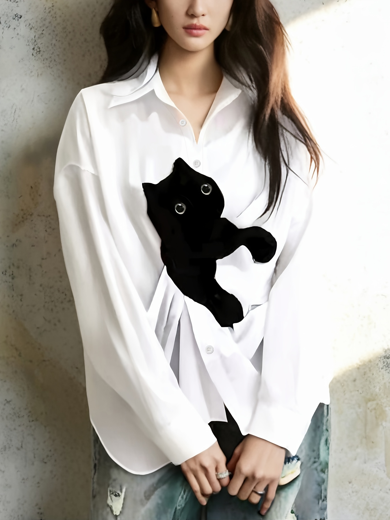 women' cartoon cat print button shirt casual long Temu Australia