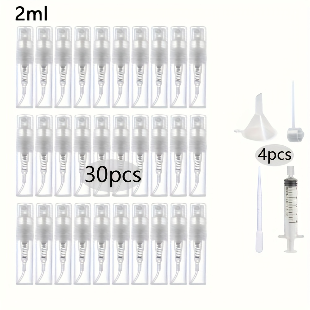 30pcs+4 Additions 2/3/5ml Clear Plastic Spray Bottles Including 30 Spray Bottles, 1 Straw, 1 Funnel, 1 Dispenser, 1 Refillable Empty Perfume Atomizer Portable Spray Point Bottle