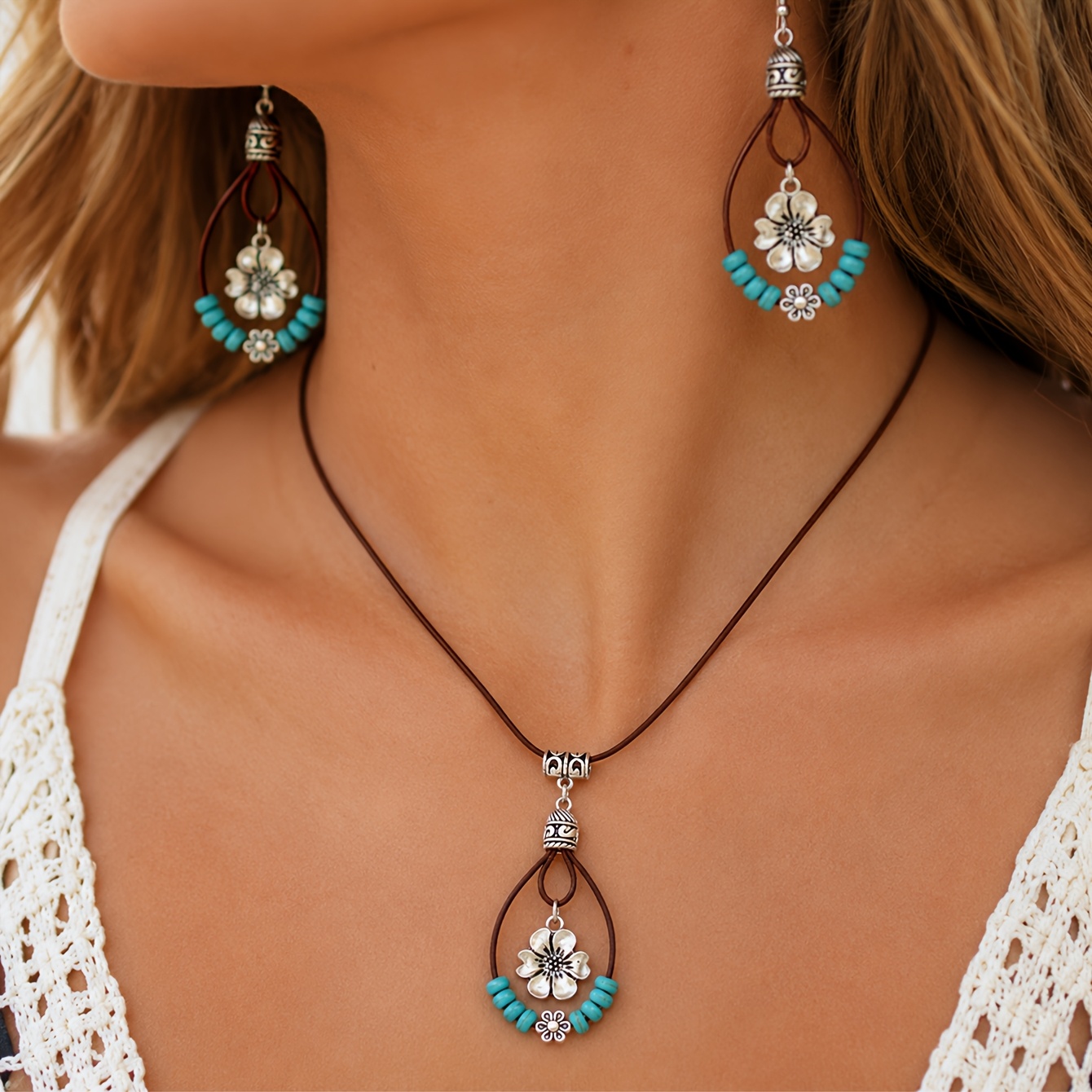 TEMU 2pcs Set Vintage Bohemian Floral Pendant Earrings And Necklace Jewelry, Elegant Ethnic Style Suitable For Daily Wear, Weddings, Vacations, And