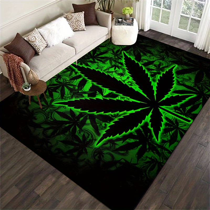 black background fluorescent marijuana leaves halloween 1000g m thick felt rug 15x23 19x31 31x47 39x59 47x63 63x78inches machine washable polyester suitable for indoor and outdoor use       living rooms bedrooms   patio garden and courtyard details 3