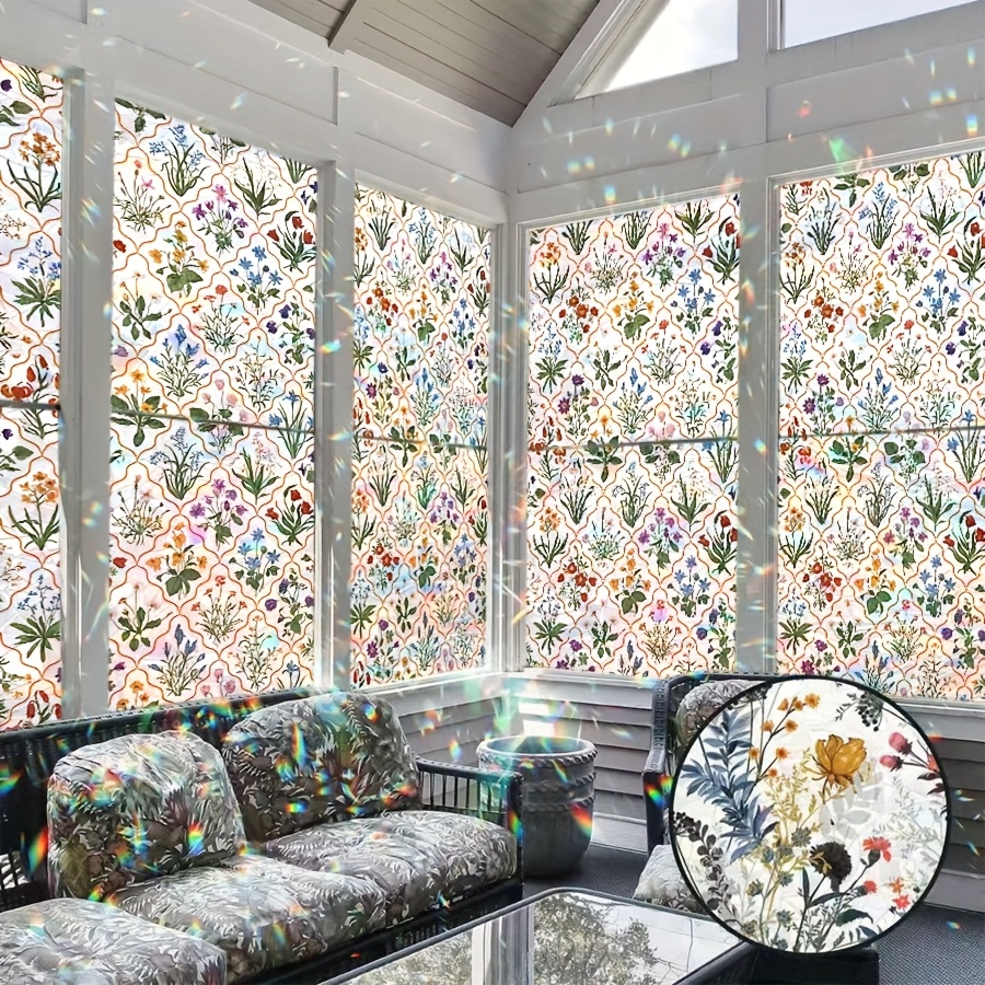 E-shop Mehrfarbige Vintage Blumenmuster Glasfolie PVC Statikfolie Sichtschutzfolie Fensteraufkleber Schlafzimmer Wohnzimmer Küche Tür Fenster