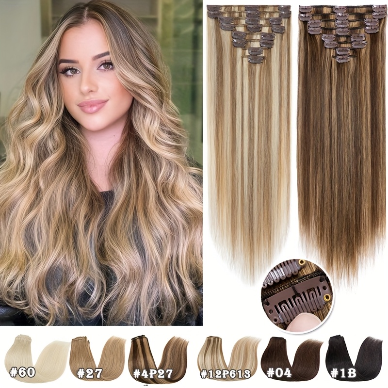 hair extensions real human hair clip ins blonde brown - Temu display picture 1