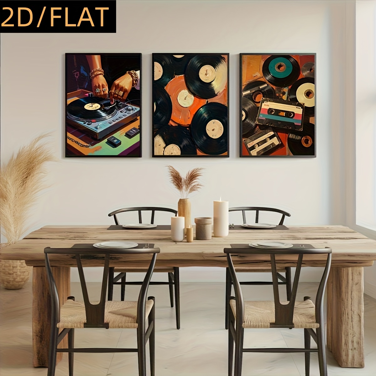 TEMU 2d Flat, 2d Flat, Set Of 3 Unframed Vintage Music Canvas Art Prints In 2d/, Featuring Retro Records And Cassette Wall Decorations. Large Canvas