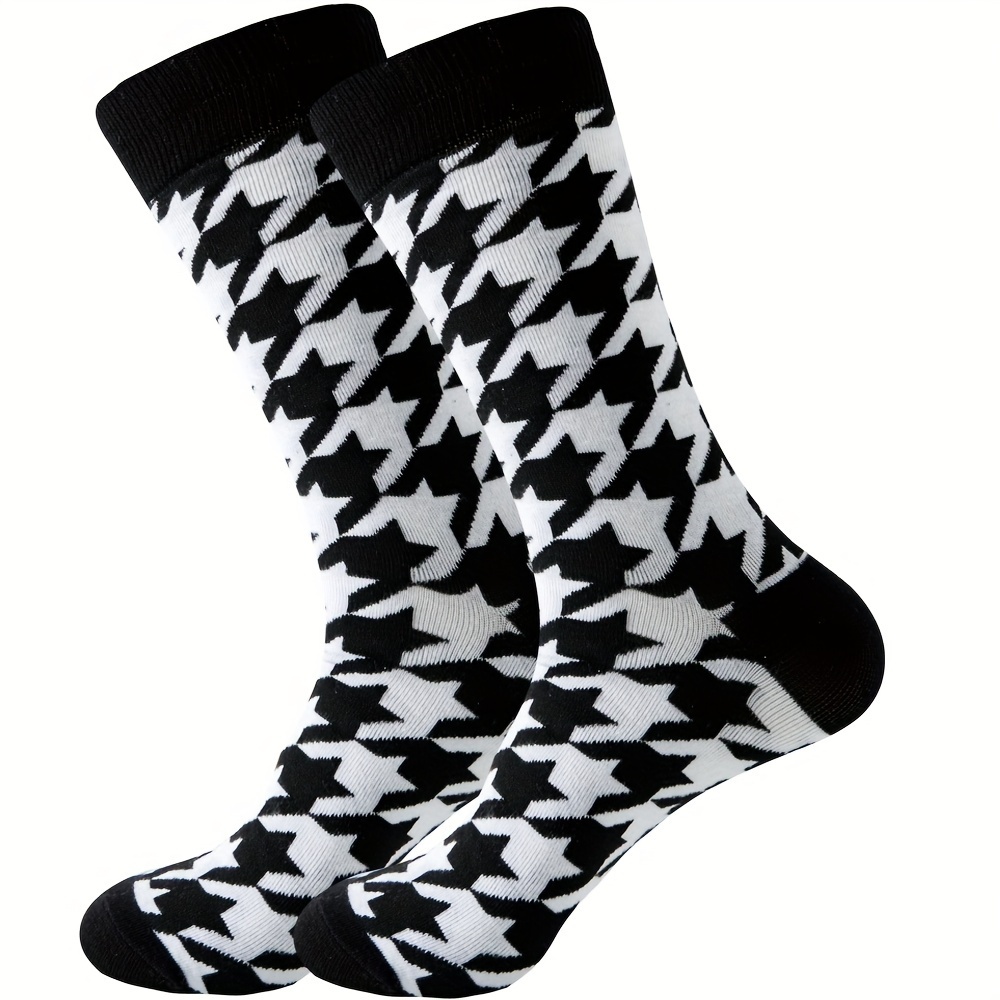 

1 Pair Of Men's Trendy Houndstooth Crew Socks, Breathable Cotton Blend Comfy Casual Unisex Socks For Men's Outdoor Wearing