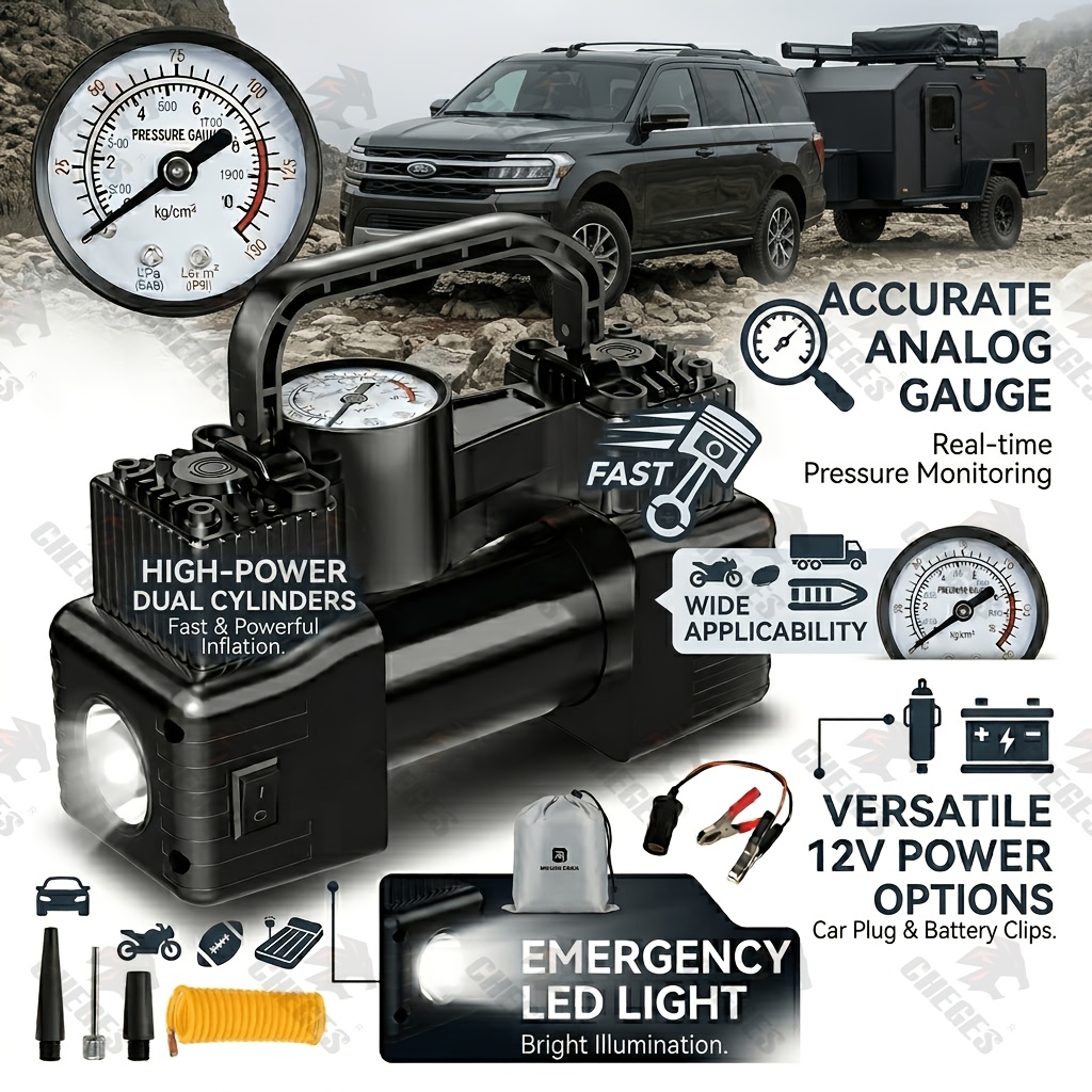 TEMU Portable Air Compressor For Car Tires, 114 Psi Auto Tire Pump With Digital Pressure Gauge And Led Light, 12v Truck/bike Tire Inflator, Essential