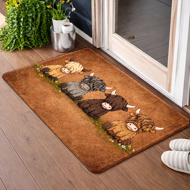 TEMU 1pc Kafulam Highland Cow Rug Suitable For Indoor/outdoor Use, Adorable Scottish Cow Floor Mat With Pvc Backing, Machine Washable Dirt-trapping