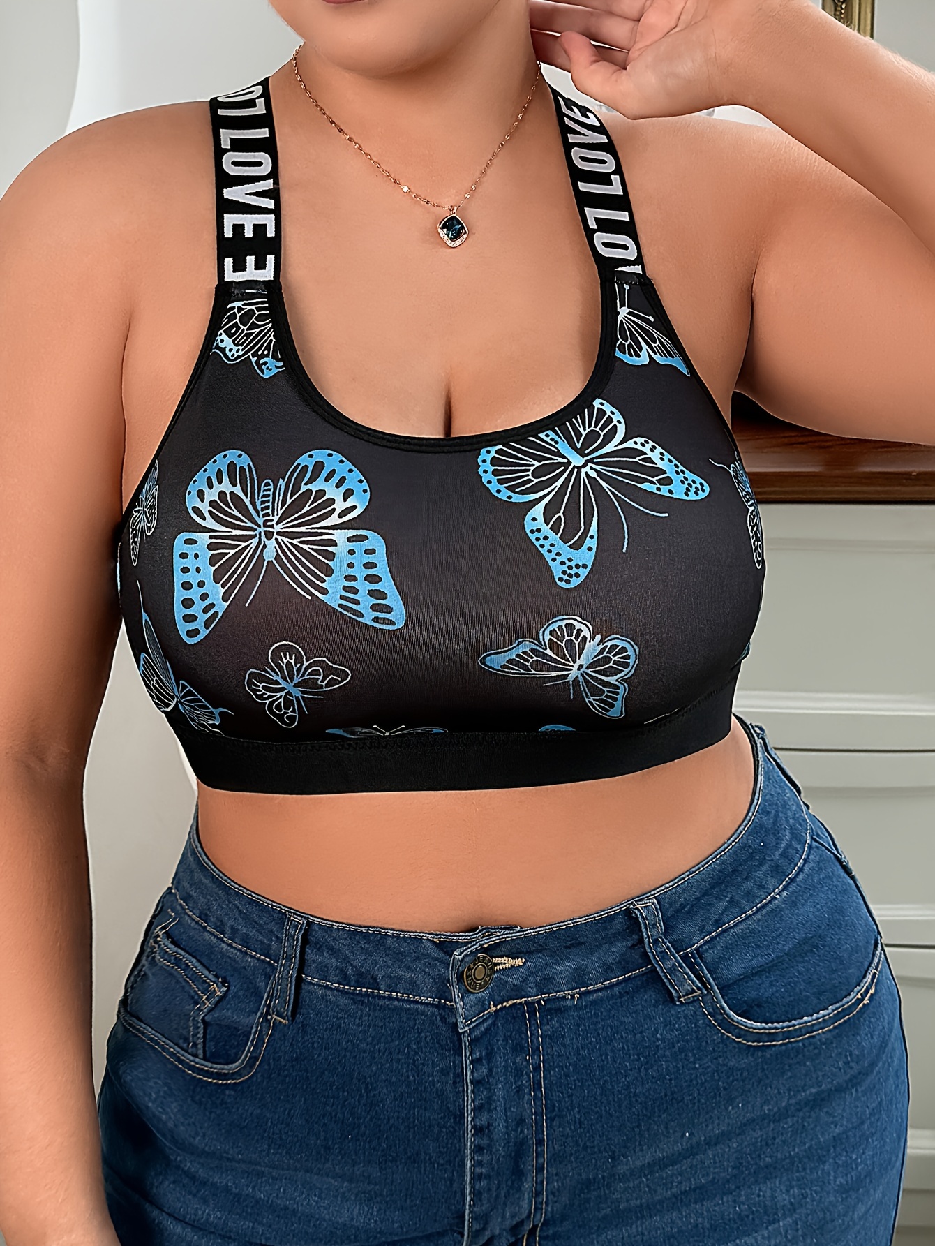 Plus Size Women'S Bra - No Underwire, Breathable Mesh with Vibrant Butterfly Print, Adjustable Straps, Medium Stretch, Ideal for Casual Attire, Comfortable Undergarment | Vibrant Print Top | Breathable Fabric