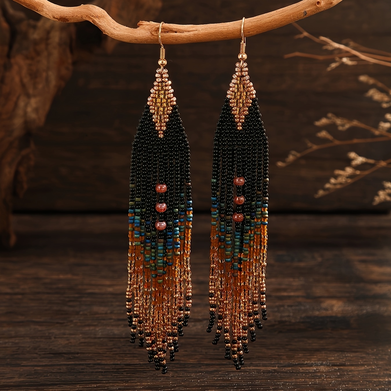 TEMU 2pcs Bohemian Style Design Gradient Long Tassel Pendant Glass Seed Beaded Earrings Elegant Classical Style Earrings Suitable For Women To Wear Gift