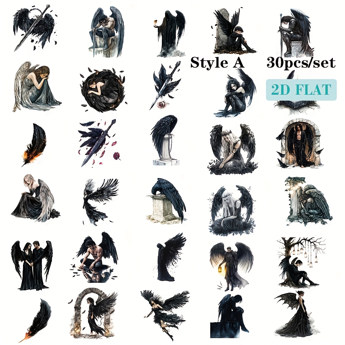 Image of 30pcs/set Handcrafted Vintage Black And Wings Series 2d High Quality Stickers Suitable For Scrapbooks, Diaries, Notebooks, And Diy Decoration, 2d Flat