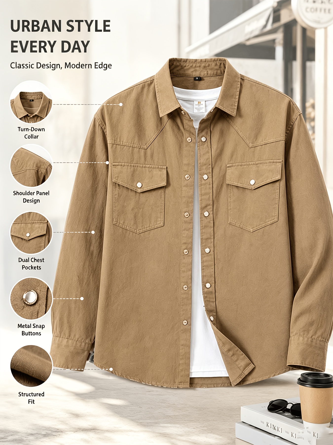 Men's American Workwear Style Shirt Jacket with Snap Buttons, Dual Chest Pockets, Structured and Well-Fitted. Soft and Breathable, Can Be Worn Alone or Layered. Versatile Basic Long-Sleeve Top for Daily Commuting, Work, Dates, and Weekend Casual Wear