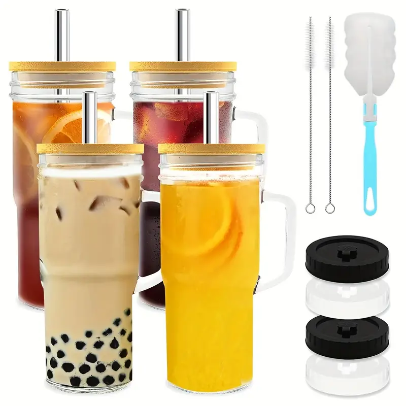 glass cups with lids and straws 24 oz travel coffee mug wide mouth mason jar iced coffee cup smoothie cup glass tumbler tea cup clear cups cute water cups drinking glasses 2 4packs Product details 9