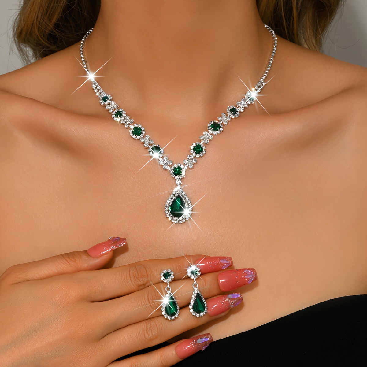 Modieuze 2-delige Ketting en Oorbellen Set, Luxe Strass Waterdruppel Hanger | High-End Sieraden | Party/Banket/Bruiloft Accessoires