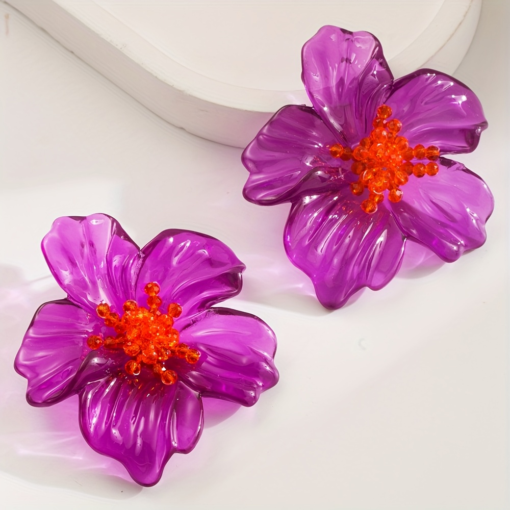 TEMU 2pcs Aretes Florales de Resina Hechos a , Modernos Fáciles Premium 3D, Joyería para con Flor de Perla de Arroz