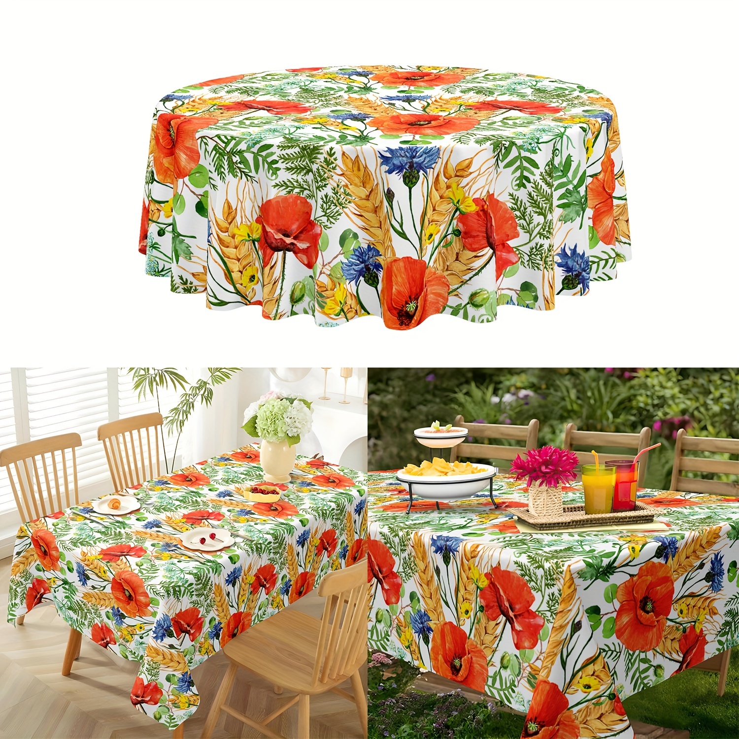 

1pc Jit Round Thanksgiving Tablecloth - Flower Pattern Polyester Table Cover, Machine Made, Woven Weave, Stain-resistant For Fall Decoration, Kitchen Accessory - Fits Tables Seating 4