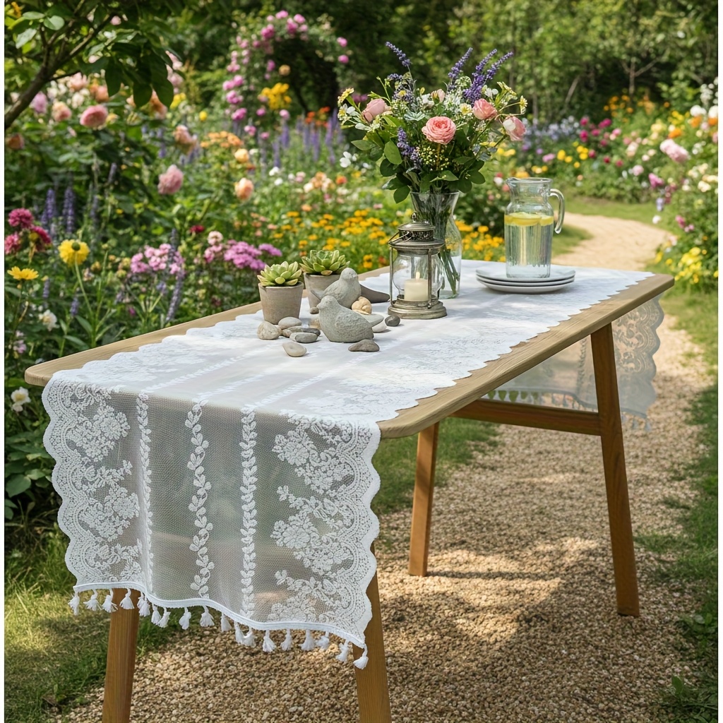 TEMU 1pc French Country Lace Table Runner, European Vintage Jacquard Lace Tablecloth, Tassel Decorative Table Runner Suitable For Scenes Such As