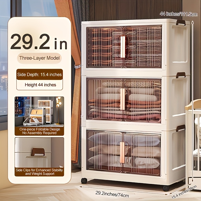 TEMU Collapsible Plastic Storage Cabinet With Lids And Wheels, Stackable Organizer With Front For Home, Office And Dorm