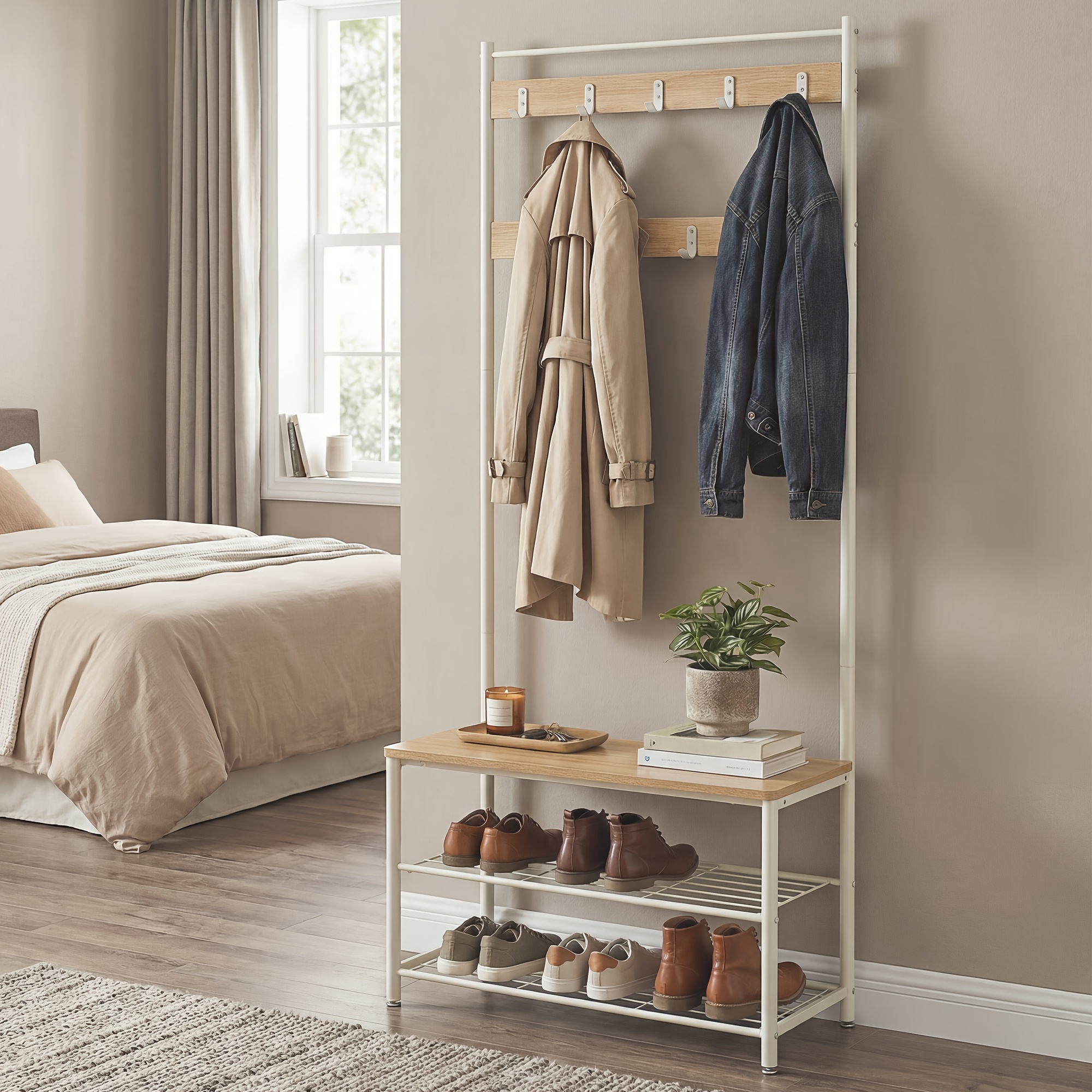 Multifunctional Clothes and Coat Rack with 8 Hooks and 3-Layer Shelf