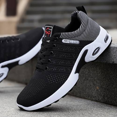 a pair of mens knitted breathable lace up running shoes lightweight breathable and all year round