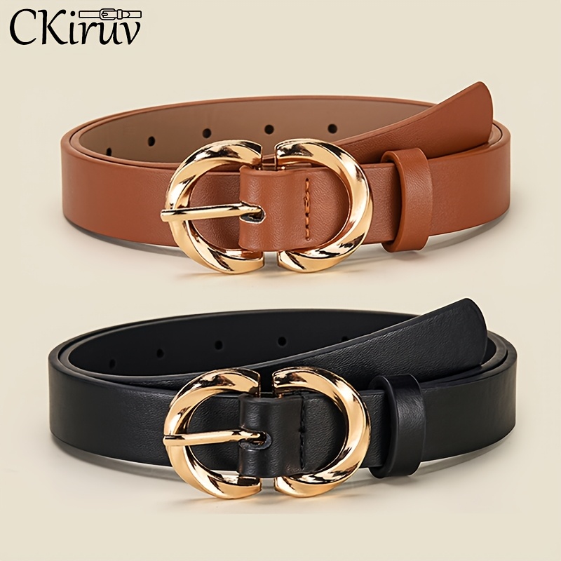TEMU 2 Pack Women's Fashion Belt Set - With Golden Metal , Solid Color Waist Belt Additions For Jeans, Dresses And Pants, Perfect For Daily Casual
