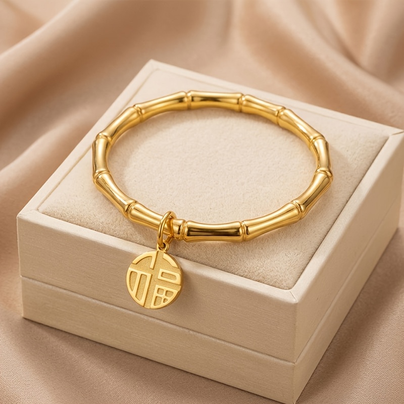 TEMU Bracelet rigide 1 pièce en acier inoxydable 304 avec corps de bracelet à nœuds de bambou et étiquette à , style bracelet facile à , style