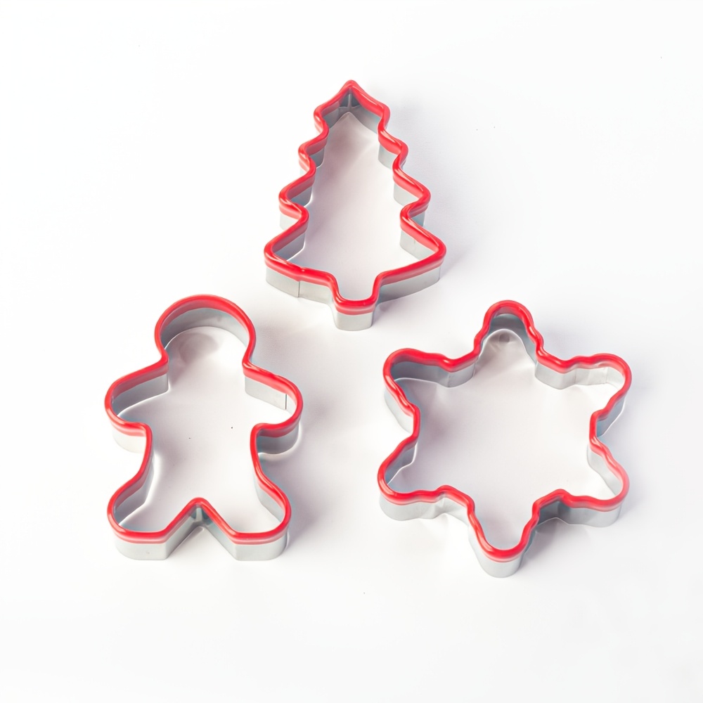 TEMU 3pcs Red Dip-coated Christmas Gingerbread For Man, Christmas Tree, And Snowflake Stainless Guard Cookie Cutters, Christmas Themed Dessert Making