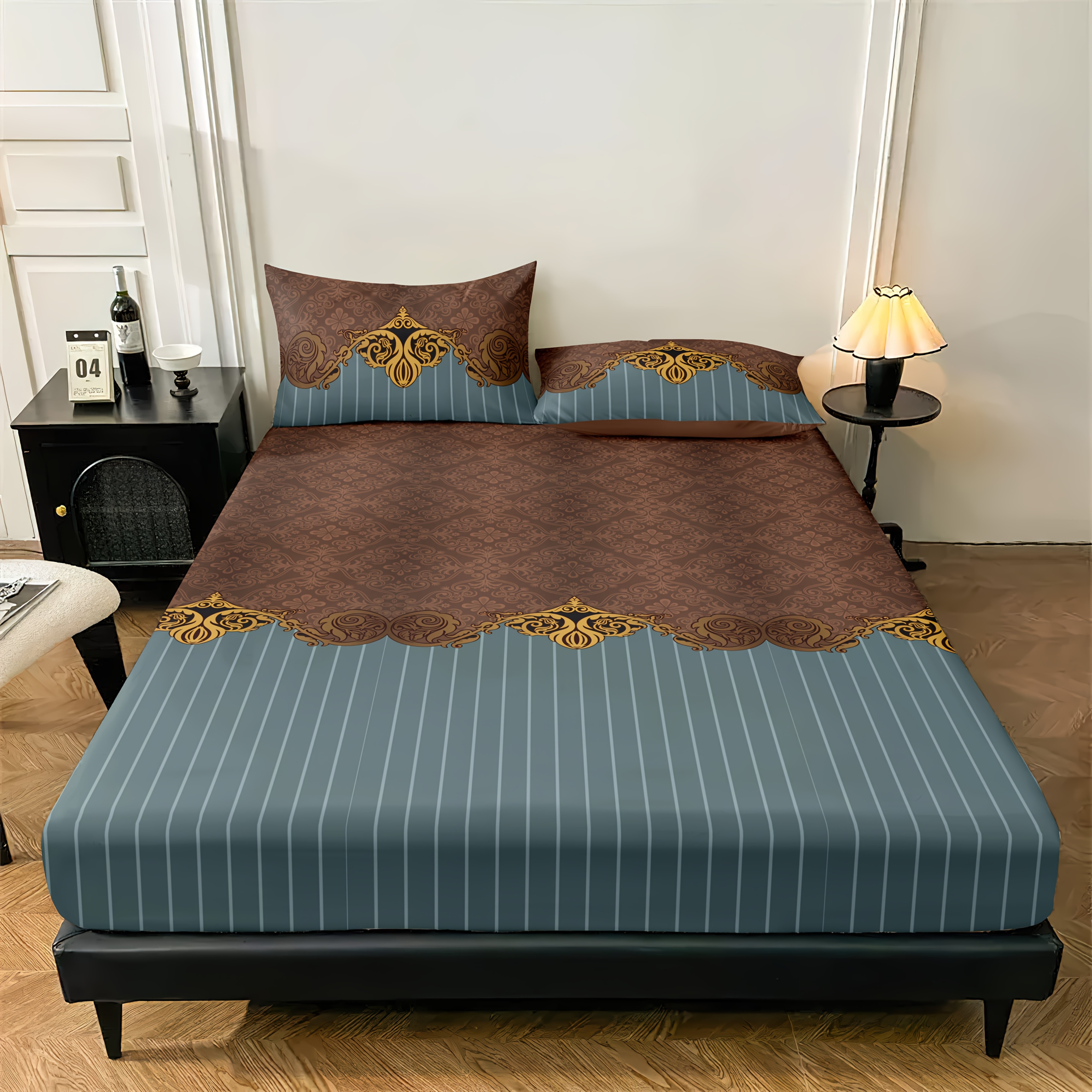 E-shop 3-teiliges Spannbetttuch-Matratzenschoner-Set mit Jacquard-Struktur dunklem Muster, enthält 1 Spannbetttuch + 2 Kissenbezüge, ohne Füllung,