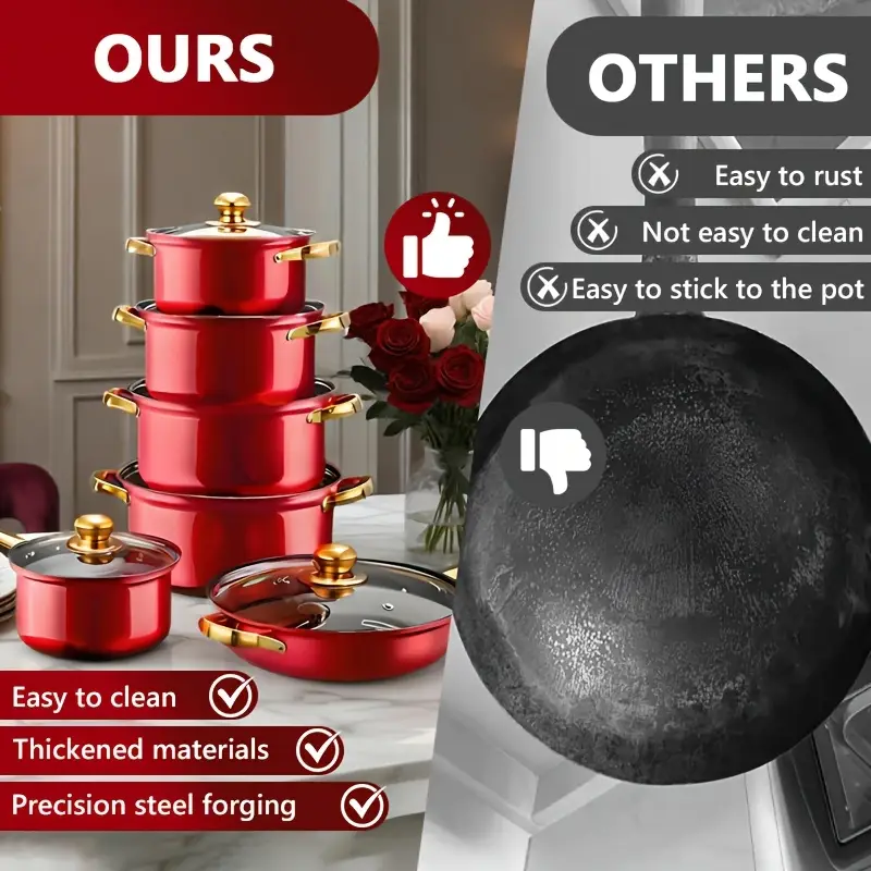 red 12pcs stainless set non stick pan set heat resistant frying saucepan versatile stylish durable suitable for induction stoves details 12