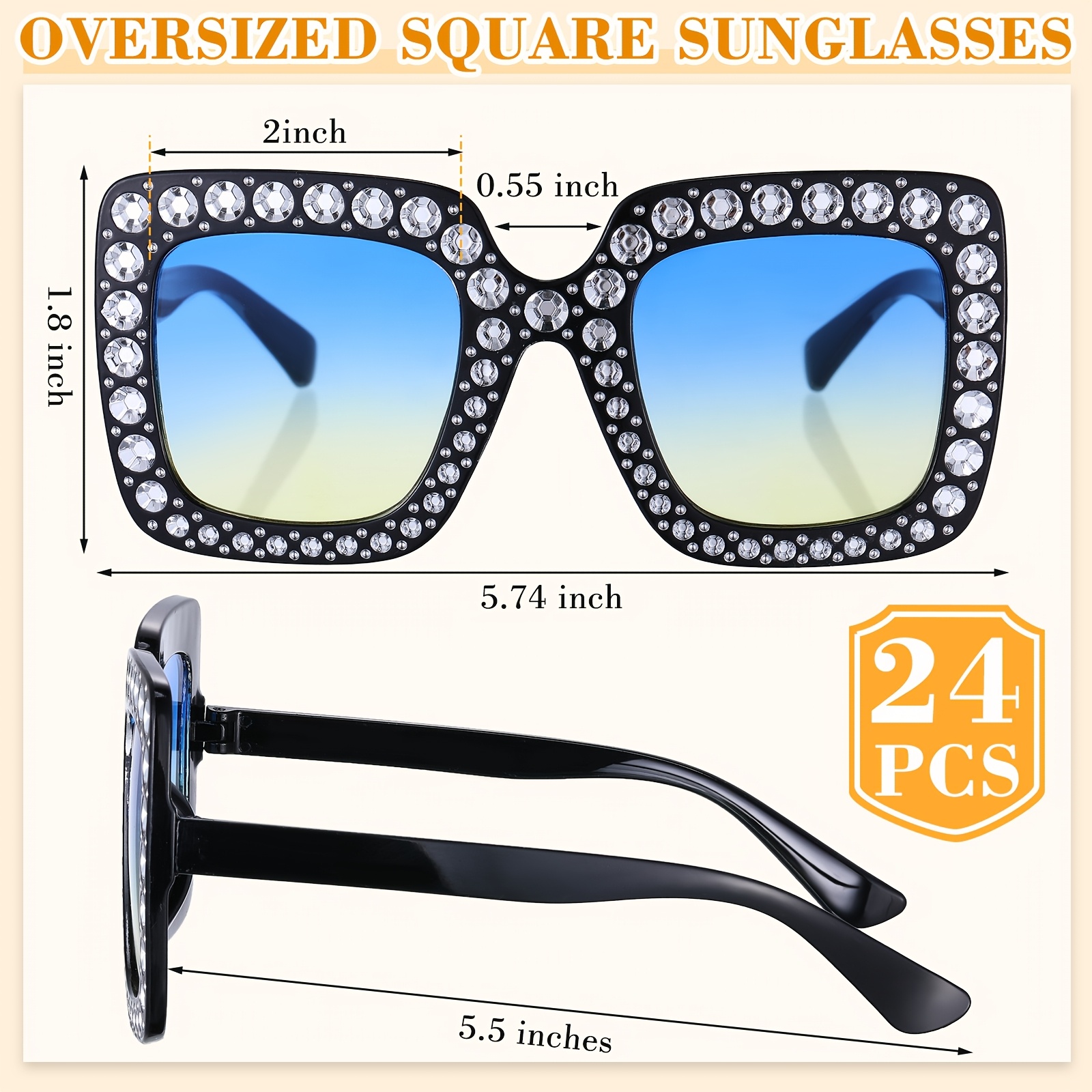 6 Pairs Oversized Square Rhinestone Sunglasses Disco Party Photo Props Retro Frienda 6 Pairs Rhinestone Oversized Square Sunglasses 70s  main image 2
