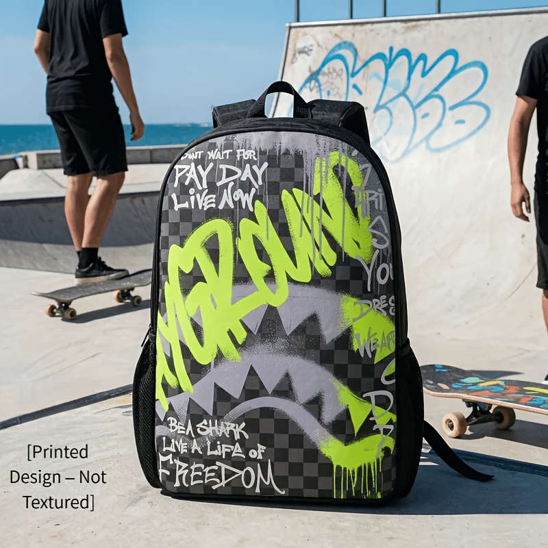 TEMU 1pc 2d Flat Printing Graffiti Shark Mouth Backpack Black And Grey Checkered Fluorescent Green Printing Laptop Backpack Daily Backpack, 2d Flat