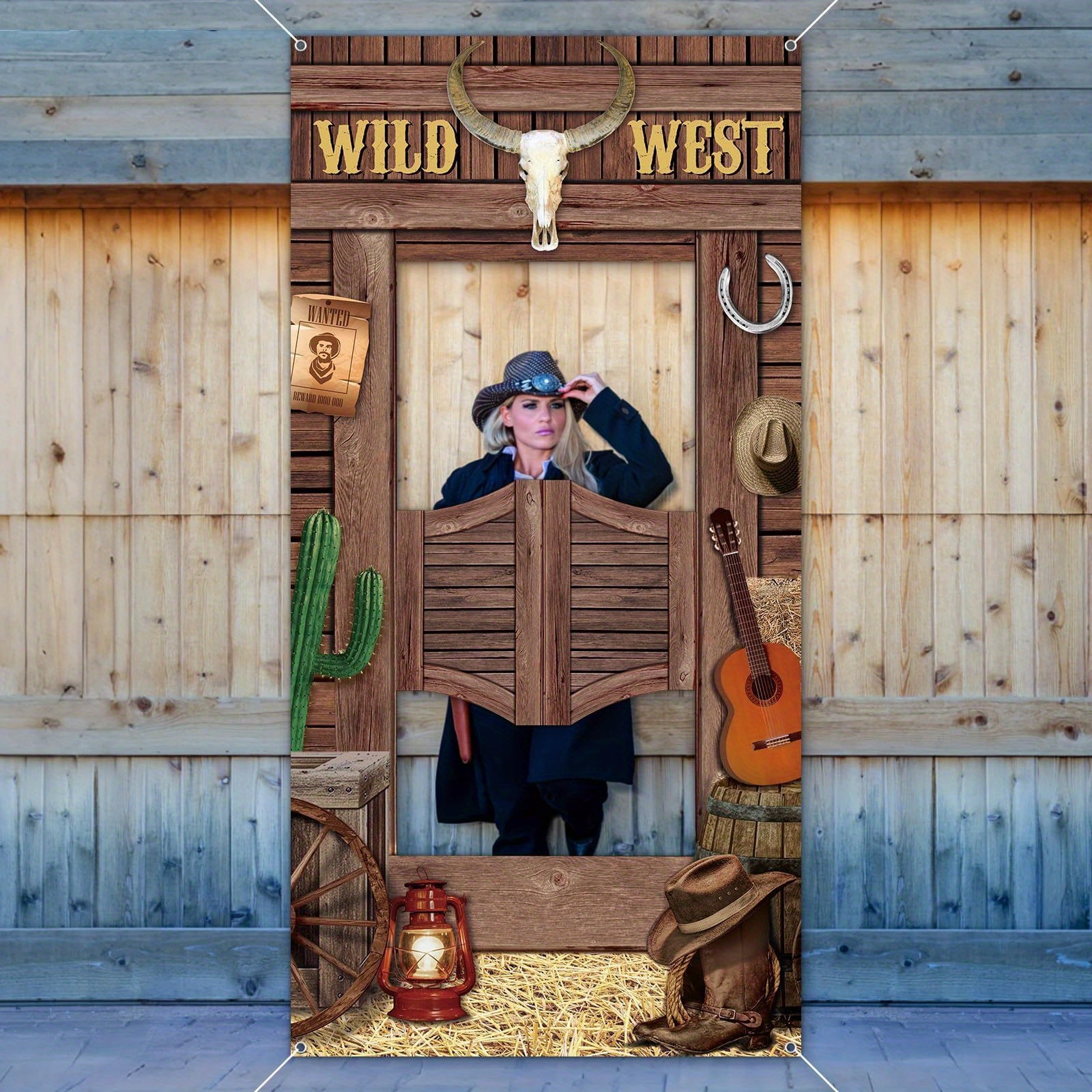 TEMU 1pc Western Theme Photography Banner, Wild West Frame Hollow Background Cloth, With , Suitable For Country Western Party Decoration, No Power