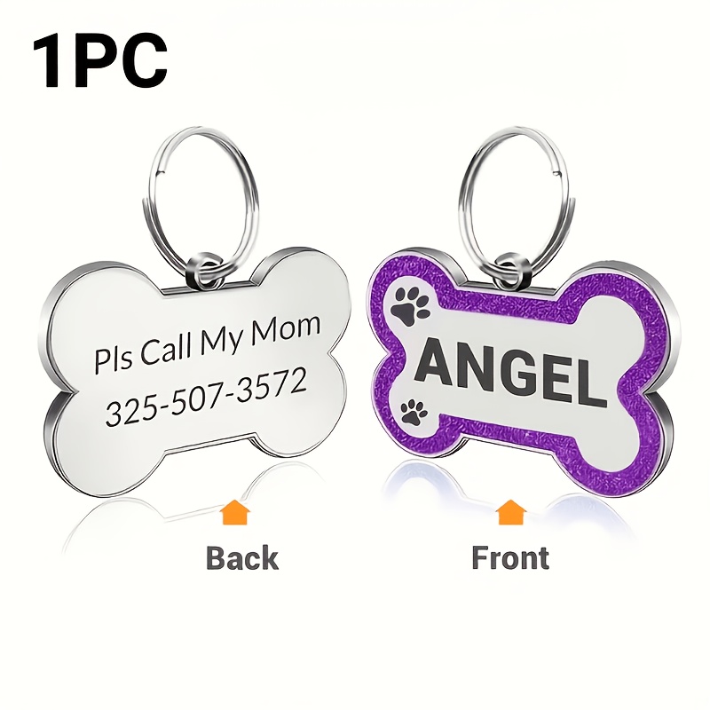 TEMU 1pc Custom Personalized Pet Dog Tag, Engravable With Name, Text, And Phone Number, Custom Glitter Dog Tag, Bone-shaped Id Tag, Effectively
