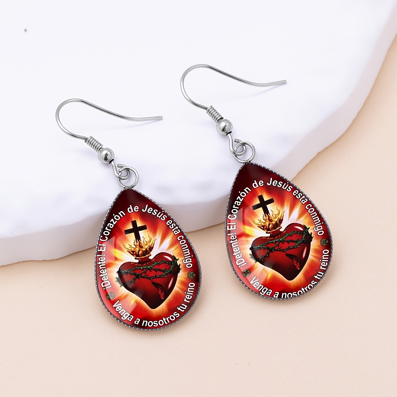 Red Base Sacred Heart Cross Pattern Water Drop Earrings