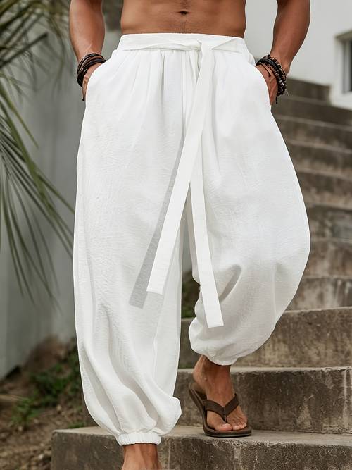item picture mens loose fit jogger harem pants with elastic waist extra long drawstring classic bell trousers relaxed fit diagonal side pockets non stretch fabric outdoor casual loose fit harem pants versatile casual bell trousers
