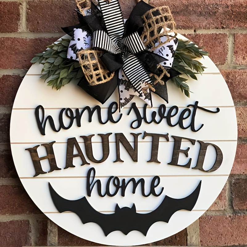 

Vintage Round Wooden Door Hanger With 3d "home Sweet Haunted Home" Lettering, Bat Design, And Striped Bow - Rustic Hanging Wall Decor For Fall, Party Decoration Gift