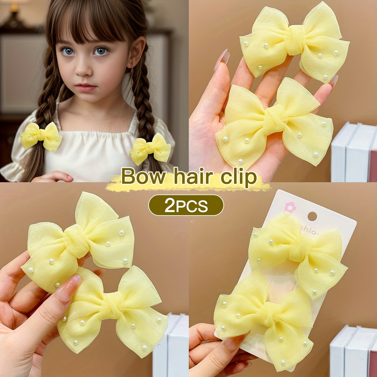 女の子用 黄色のかわいいリボンヘアクリップ 2個セット 子供用ファッションヘアアクセサリー Temu Japan