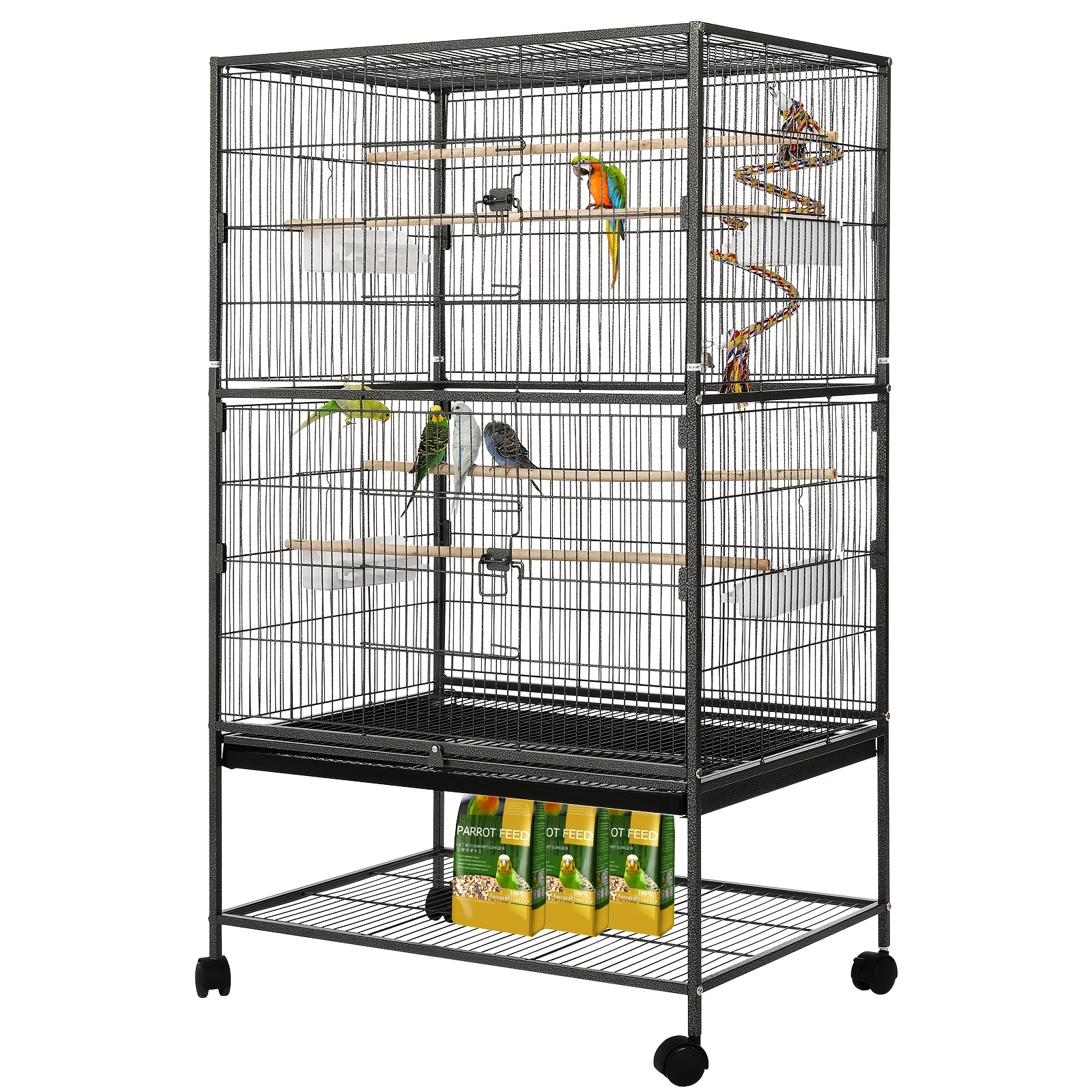 TEMU Large Bird Cage, Metal Bird Cage, Bird Cage With 4 Wheels, Budgie Cage With Feeding Bowl, Cage Toy, Jumping Swing For Bird With 2 Doors 4 Wooden