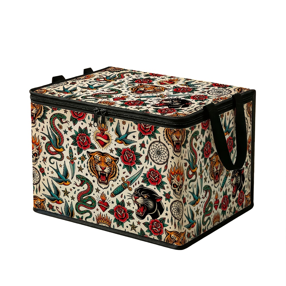 TEMU Traditional Tattoo Art Storage Box With Lid - Leopard, Tiger, , Floral Designs - Large Capacity Foldable Organizer, Durable Polyester Fabric,