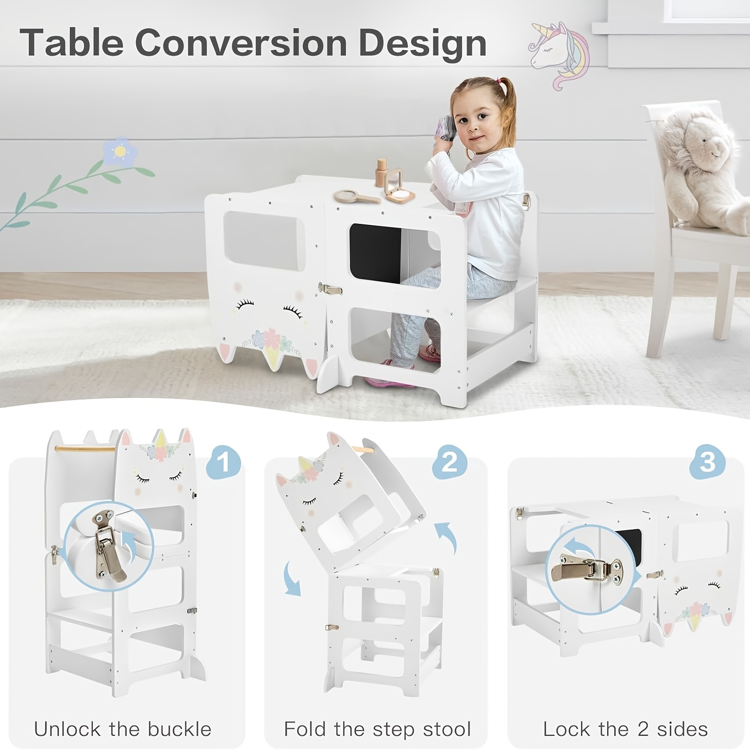Wooden Foldable Learning Tower with Blackboard - 3-In-1 Step Stool And Assisted Standing Tower, Foldable Kids Table And Chair Set, for Toddlers 18+ Months