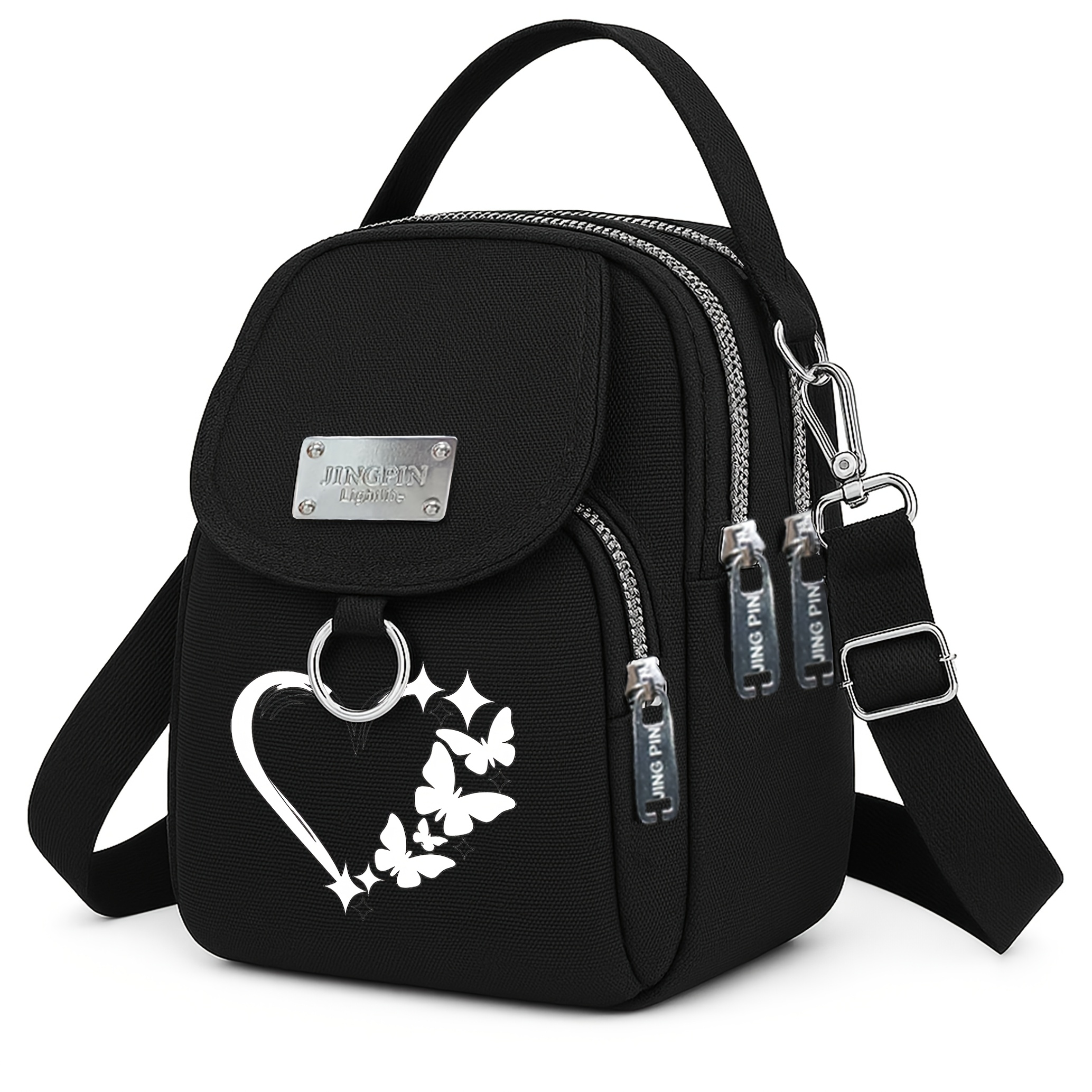 TEMU 1pc Sac Bandoulière Femme Imprimé Cœur & Papillon (Idéal pour & Tenues Décontractées) - Bandoulière Détachable, Fermeture Éclair, Nylon Léger et